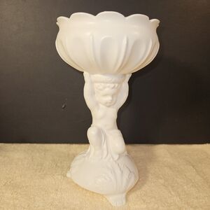 VINTAGE INARCO JAPAN E-786 WHITE PEDESTAL PLANTER CHERUB FIGURE HOLDING BOWL